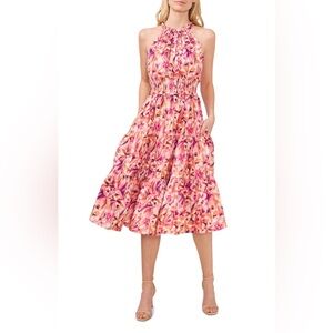 Women's Printed Tie Back Smocked Waist Tiered Midi Dress CECE size large L